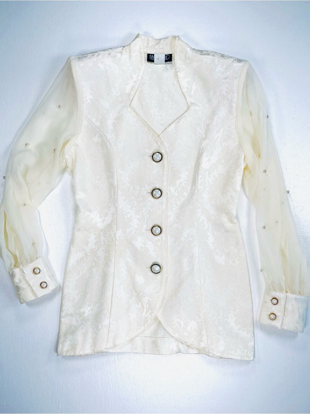 Vintage 90s Ivory Jacquard Button-Front Blouse Medium Sheer Pearl Accent Sleeves